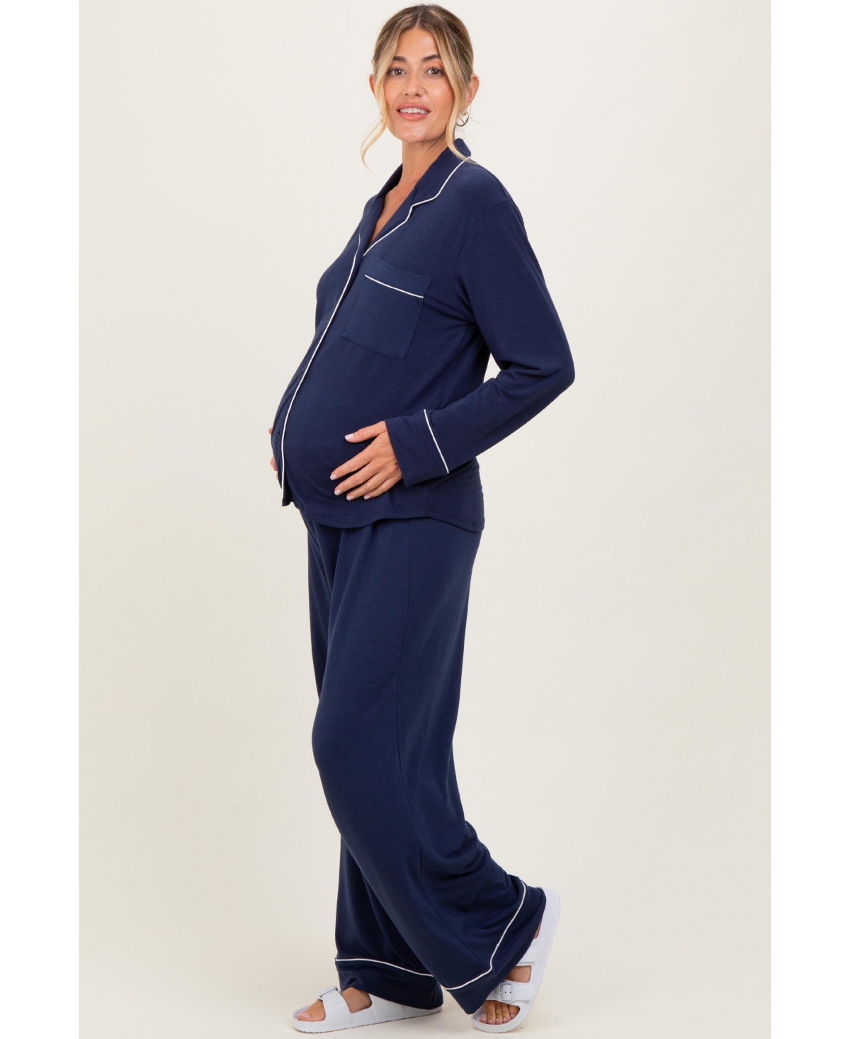 Pinkblush Maternity Black Button Down Top Wide Leg Pant Pajama Set