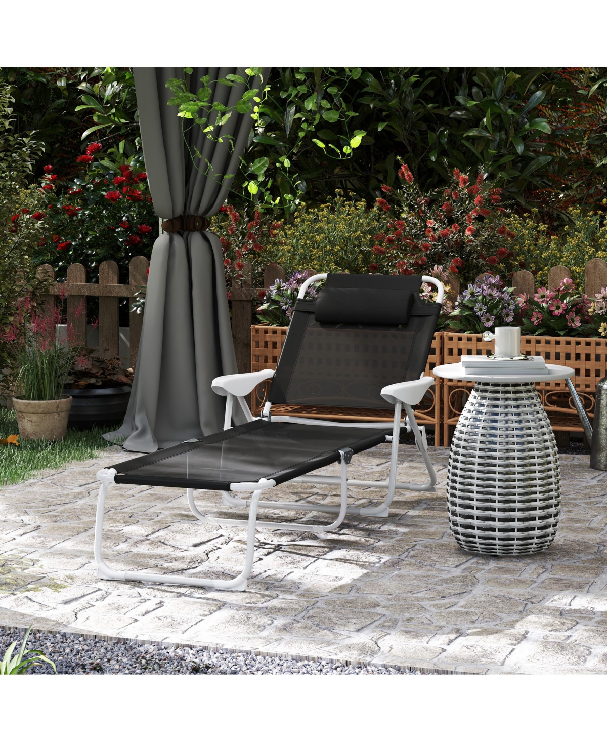 Outsunny Folding Chaise Lounge, Outdoor Sun Tanning Chair, Four-Position Reclining Back, Armrests, Iron Frame & Mesh Fabric for Beach, Yard, Patio, Bl