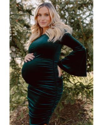 Maternity Forest Green Velvet Ruched Bell Sleeve Dress