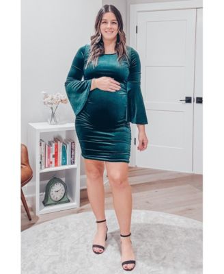 Maternity Forest Green Velvet Ruched Bell Sleeve Dress