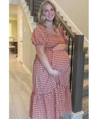 Maternity Rust Gingham Smocked Midi Dress