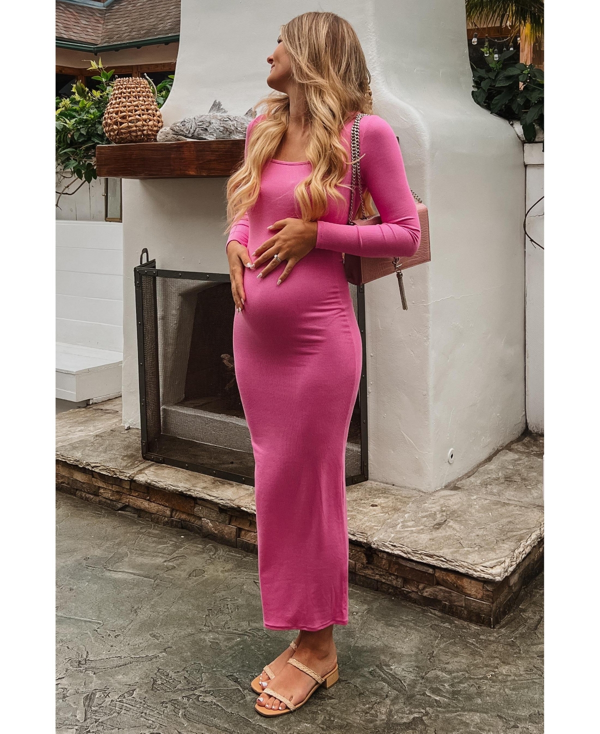 Pinkblush Black Ribbed Long Sleeve Square Neck Maternity Maxi Dress