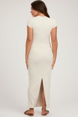 Maternity Cream Fitted Short Sleeve Maxi Dress