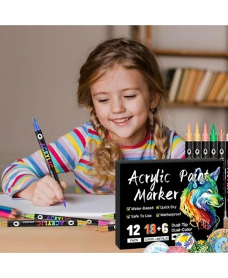 Double-Headed Two-Color Acrylic Marker Set, Soft Head Water-Based Opaque Painting Art Pen for Doodling, Drawing