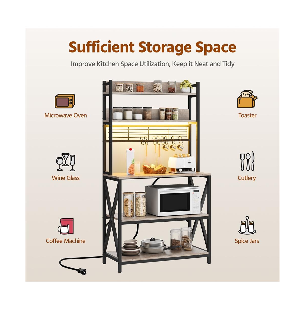 Yaheetech 5-Tier Engineered Wood and Metal Baker s Rack with Power Outlets