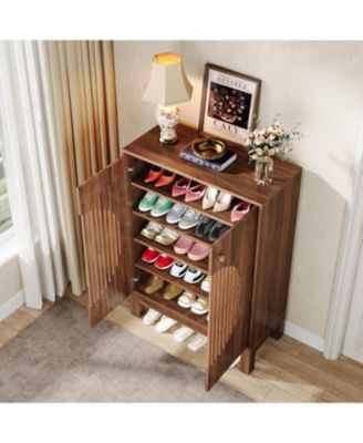 20 Pairs Shoe Storage Cabinet with Adjustable Shelves, Round Louvered Doors