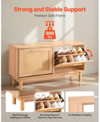Wood Shoe Bench with Flip Drawer and Rattan-Like Detailing