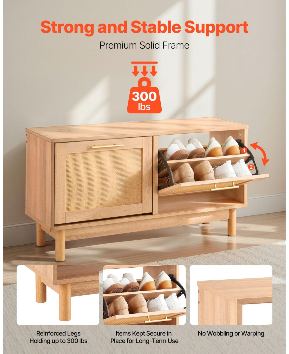 Slickblue Entryway Shoe Storage Bench with Flip Drawer, Rattan-Like Rack 39.4 x 11.8 x 20.9 Inch