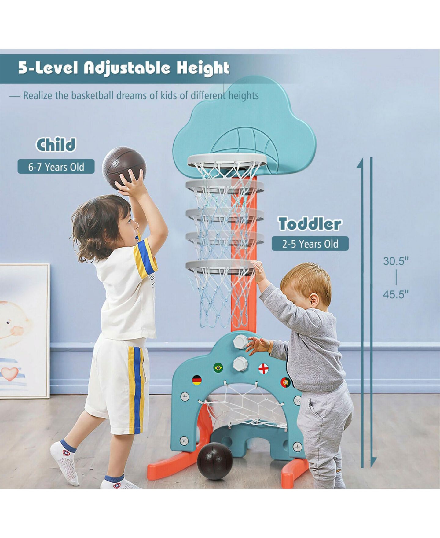 Детские игрушки SUGIFT 3-in-1 Adjustable Basketball Hoop Set, Ages 18 Months+, цвет: Зелёный — фото 7