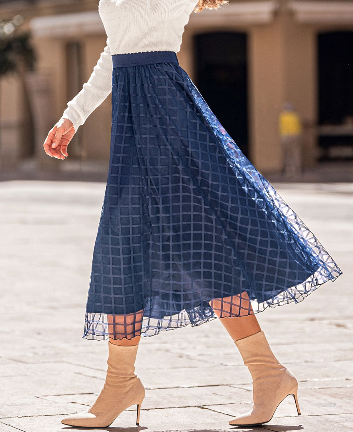 Cupshe Women's r High Waist Mesh Overlay A-Line Midi Skirt