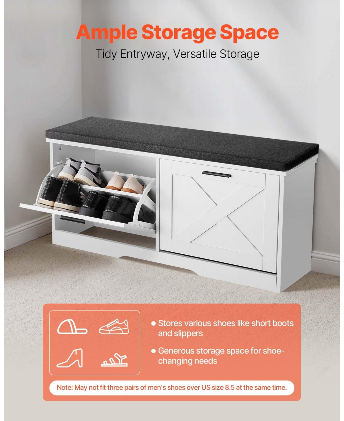 Slickblue 1-Pc Wooden Shoe Rack Bench – Padded Seat & Flip Drawer Storage Organizer