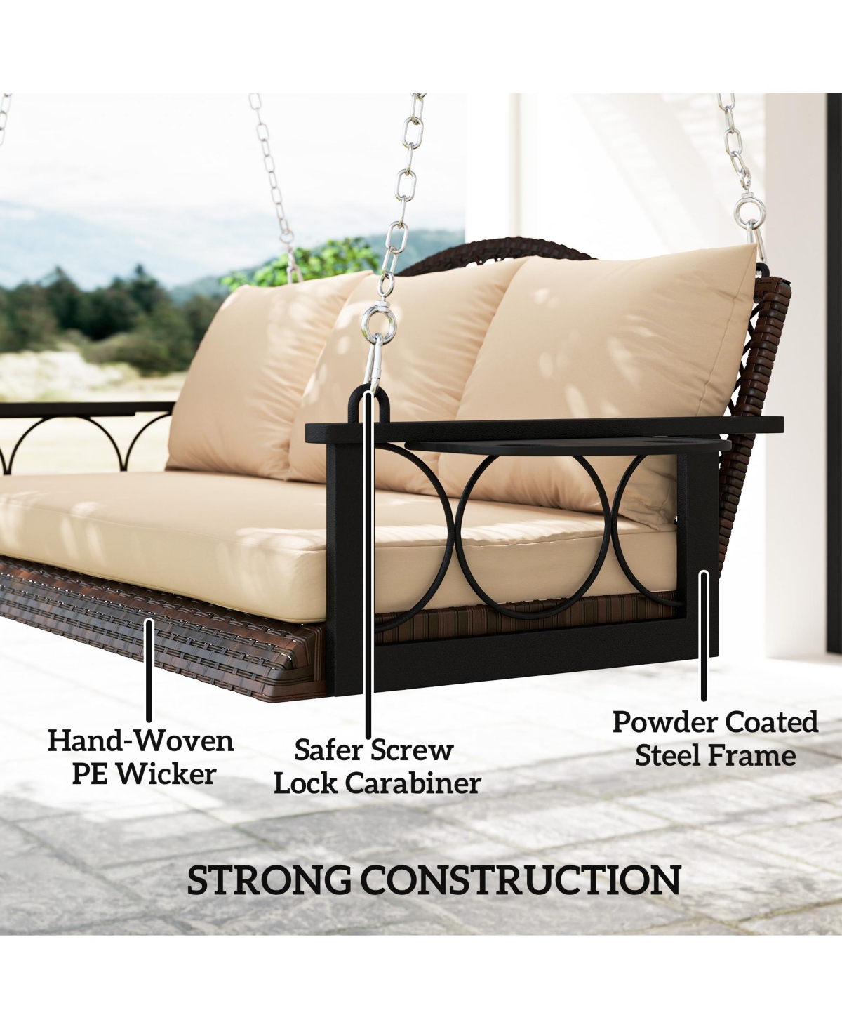 Outsunny Wicker Porch Swing, Hanging Swing Bench with Cup Holder, Natural