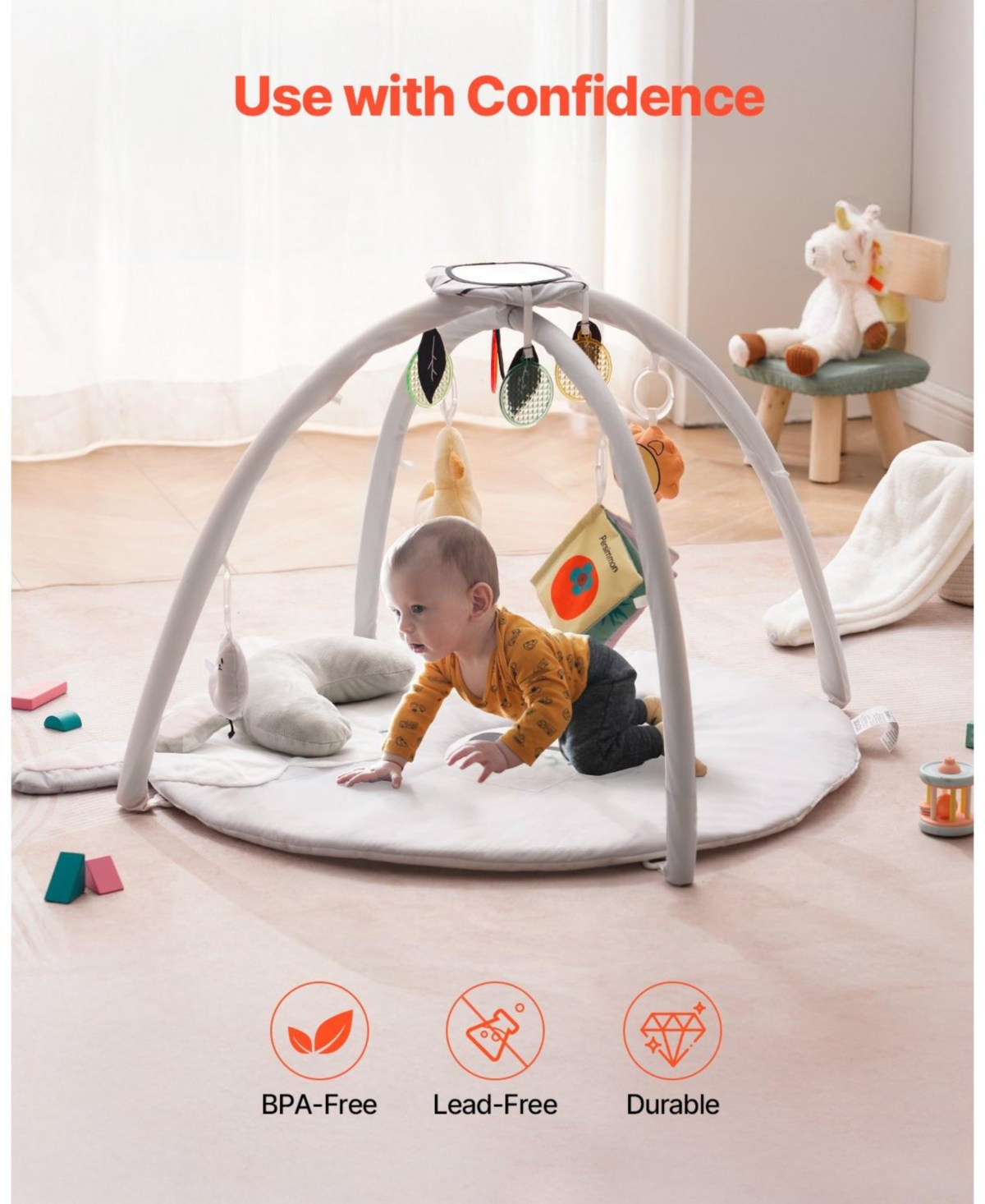 Slickblue Baby Play Gym Mat with 6 Sensory Toys, Tummy Time Activity Mat 39.1" x 33.7