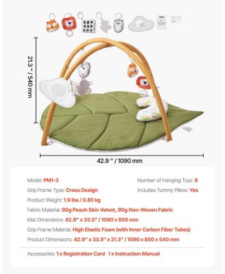 Baby Play Gym Mat with 6 Sensory Toys, Tummy Time Activity Mat 42.9" x 33.5