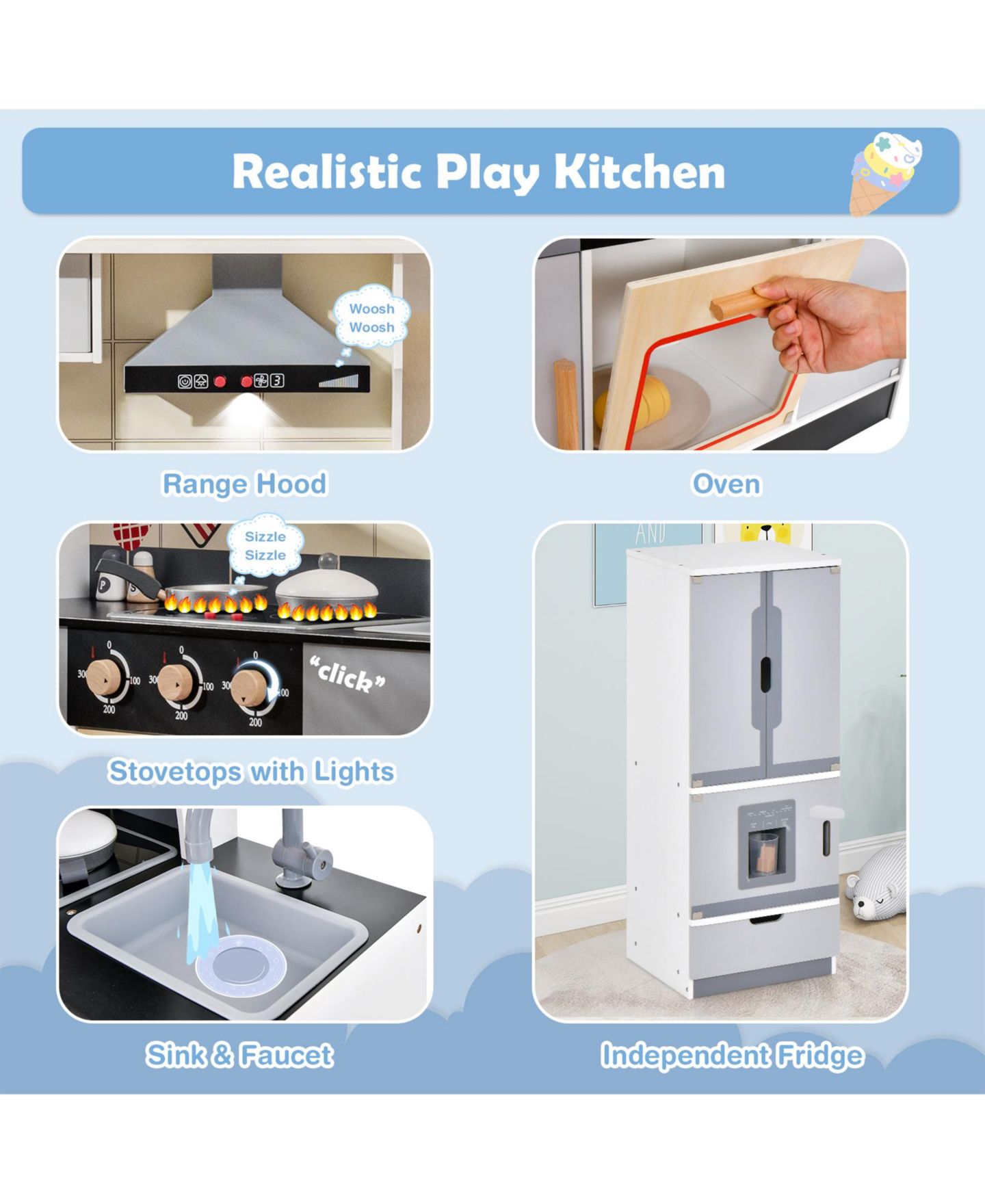 Детские игрушки SUGIFT 2-in-1 Wooden Play Kitchen and Refrigerator with Light and Sound Effects, 14-Piece Accessory Set, Ages 3+, цвет: Серый — фото 6