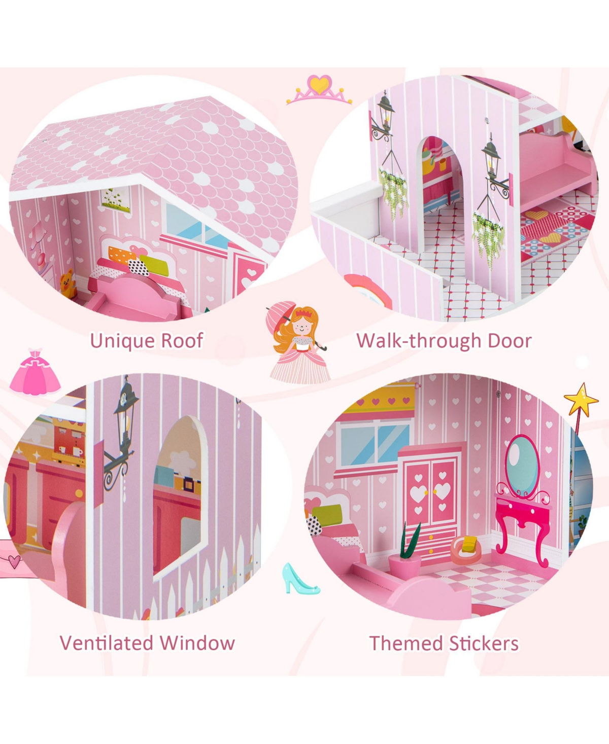 Sugift Kids Wooden Dollhouse Playset with 5 Simulated Rooms and 10 Pieces of Furniture