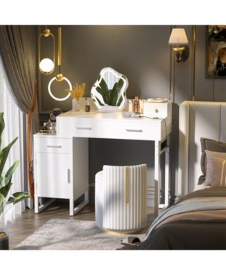 Makeup Vanity Desk with 4 Drawers and Cabinet, Dressing Table with Outlets for Small Space