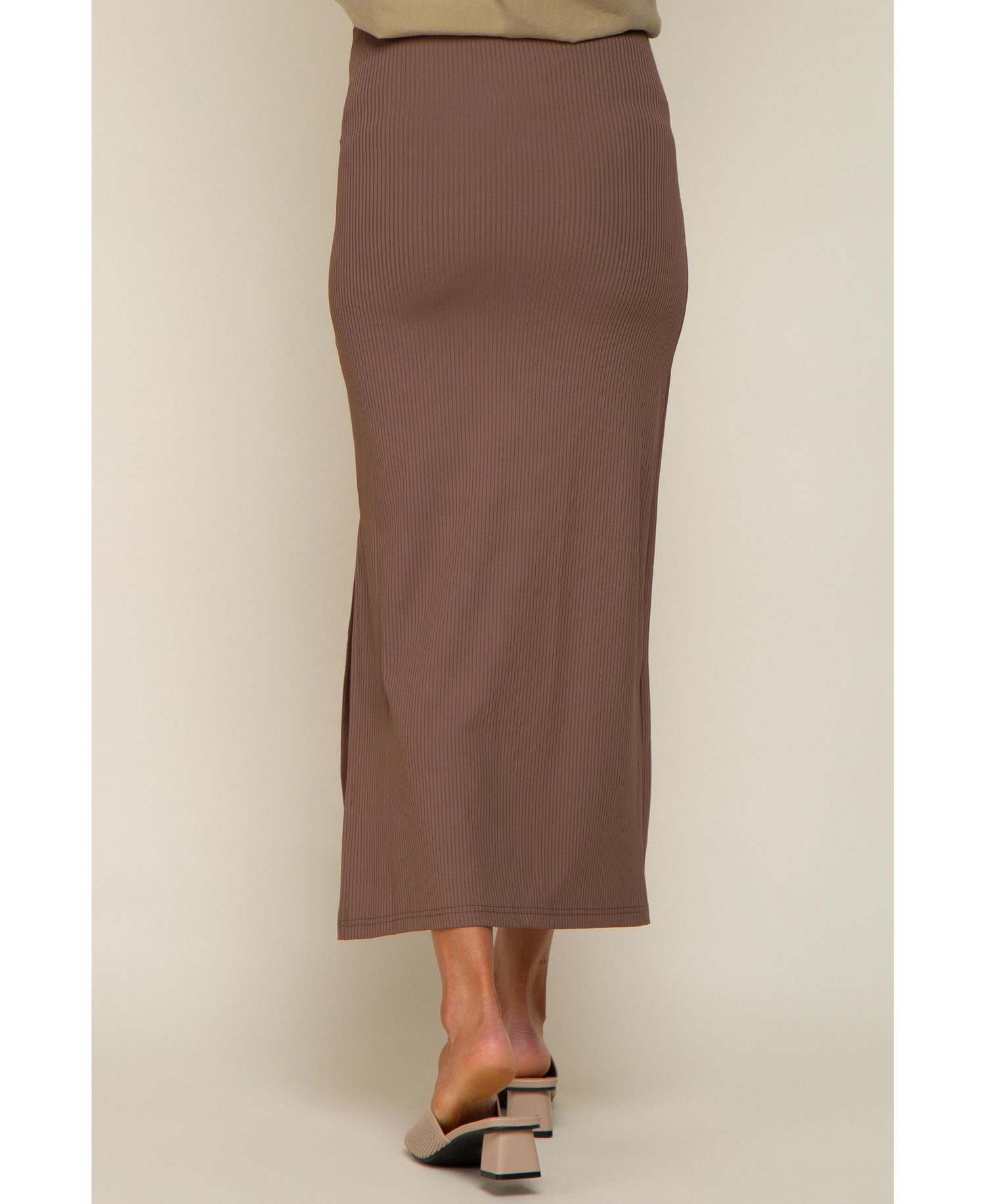 Women's Mocha Ribbed Side Slit Midi Skirt