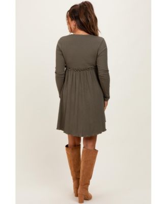 Maternity Olive Ribbed Knit Long Sleeve Crewneck Shirring Mini Dress