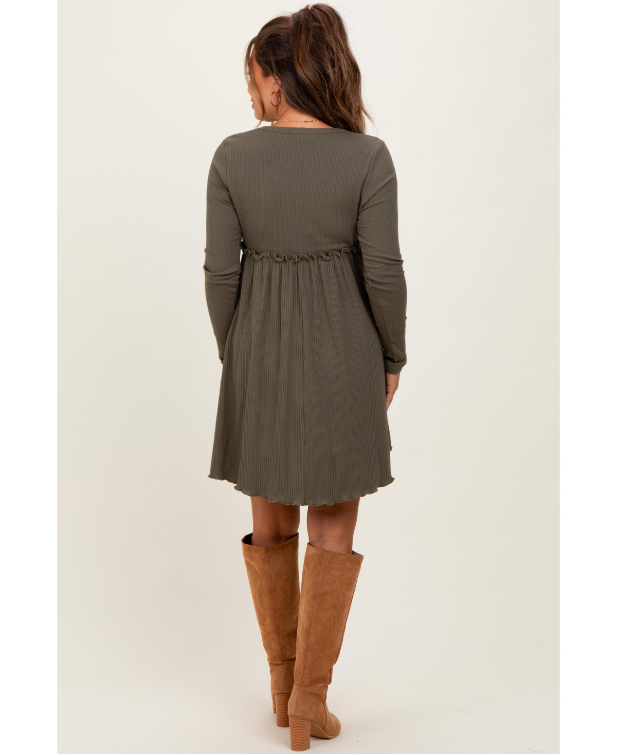 Pinkblush Maternity Olive Ribbed Knit Long Sleeve Crewneck Shirring Mini Dress