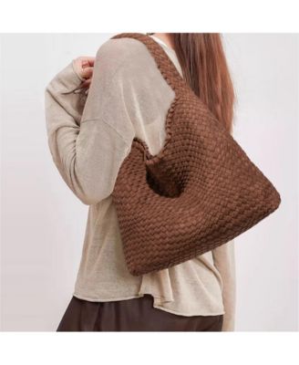 Brown and Espresso Suede Woven Hobo Bag Large Slouchy Shoulder Tote Handbag for Women Soft Braided Texture Work Purse