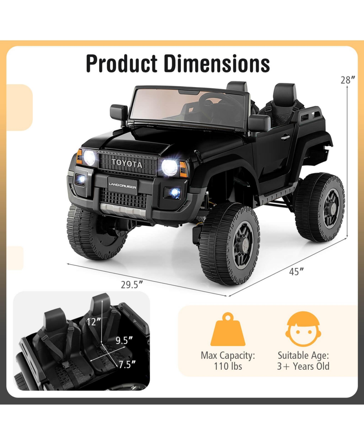 Costway Outdoor & Ride On Toys 24V 2 Seater Ride on Car for Kids Licensed Toyota LC250 Ride on Truck with Remote