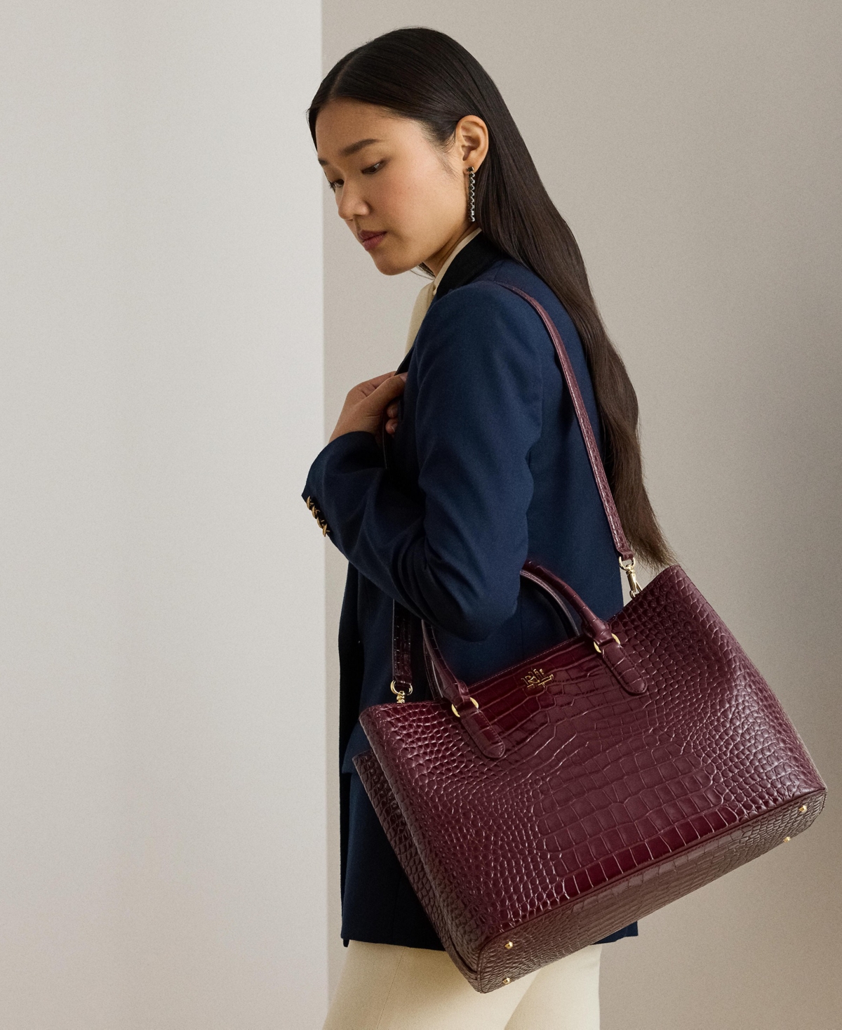 Ralph Lauren Marcy Large Embossed Leather Satchel Bag In Burgundy