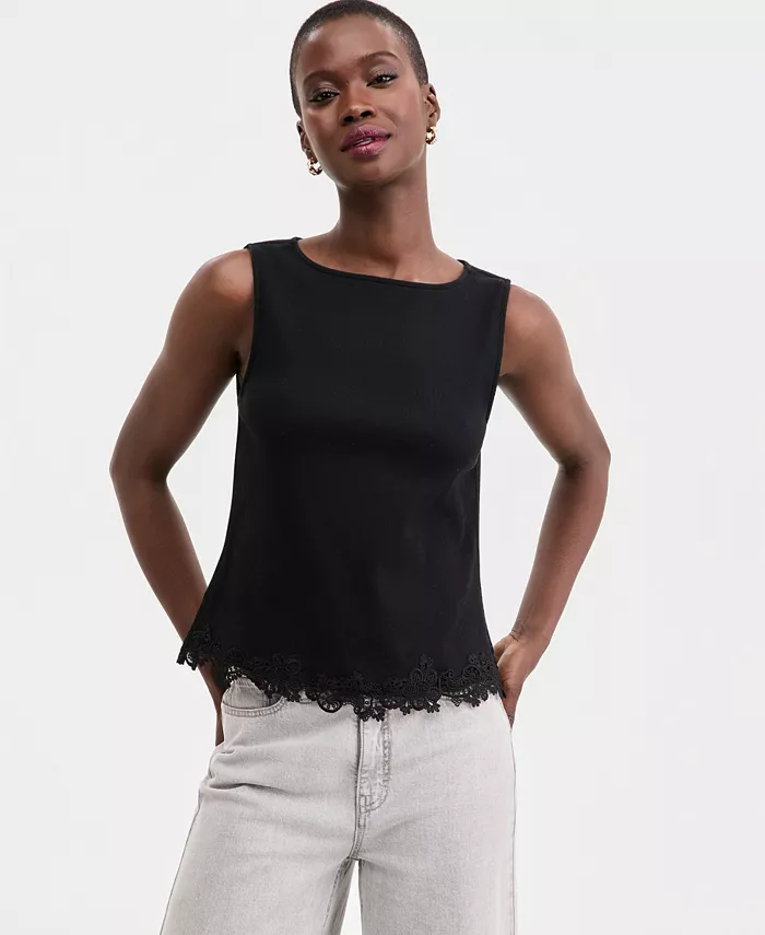 Women's Knit Sleeveless Boat-Neck Lace Top - thumbnail 7