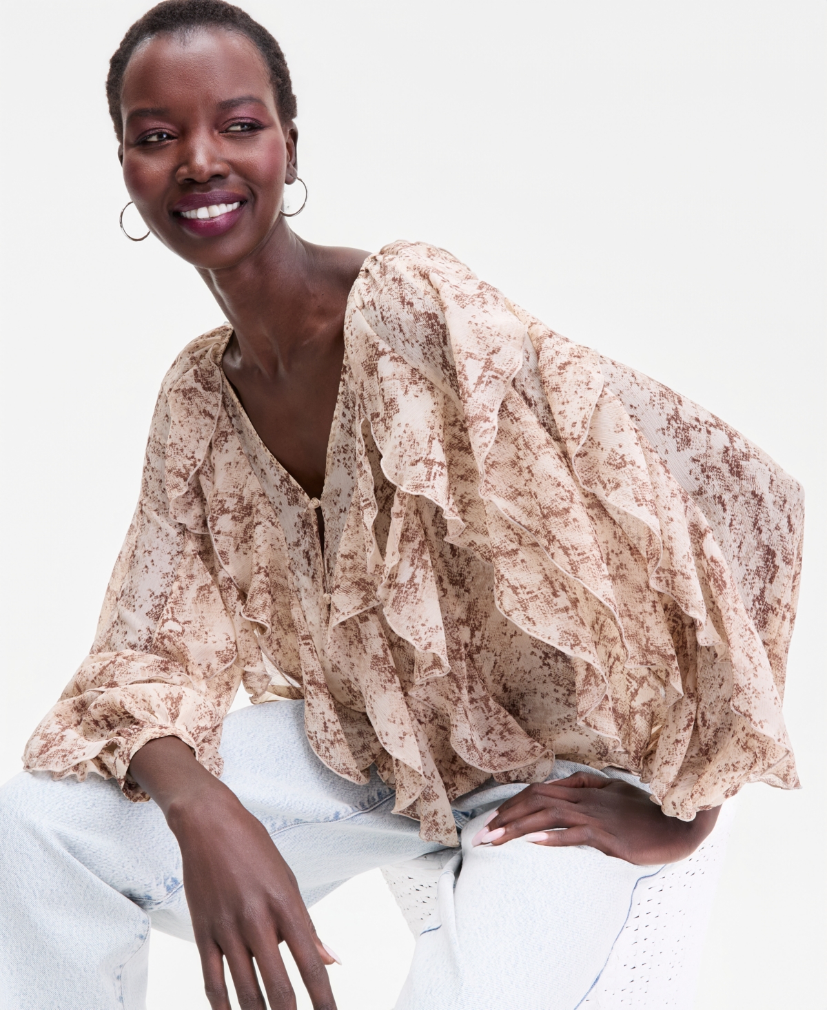 I.n.c. International Concepts Women's V-Neck Ruffle-Front Top, Macy's Exclusive