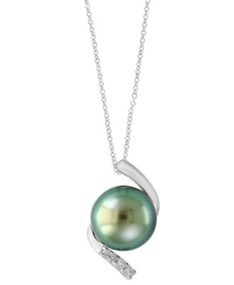Black Tahitian Pearl (11-12mm) and Diamond Pendant Necklace (1/20 ct. t.w.) in Sterling Silver
