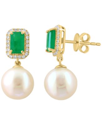 Freshwater Pearl (9mm), Diamond (1/5 ct. t.w.) and Emerald (1-1/10 ct. t.w.) Earring in 14k Yellow Gold