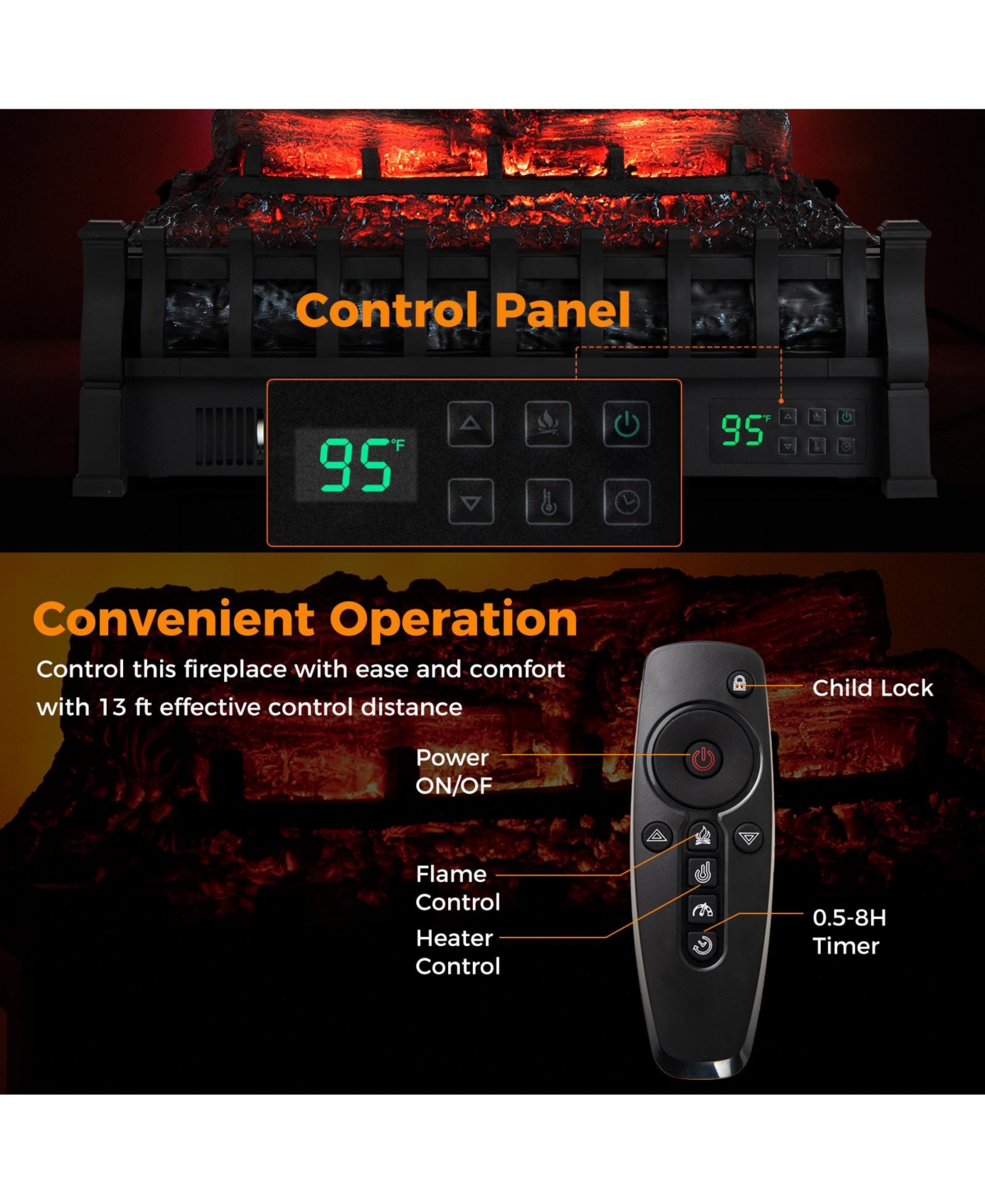 Sugift 23 Inch Infrared Quartz Electric Fireplace Pinewood Log Heater with Adjustable Flame