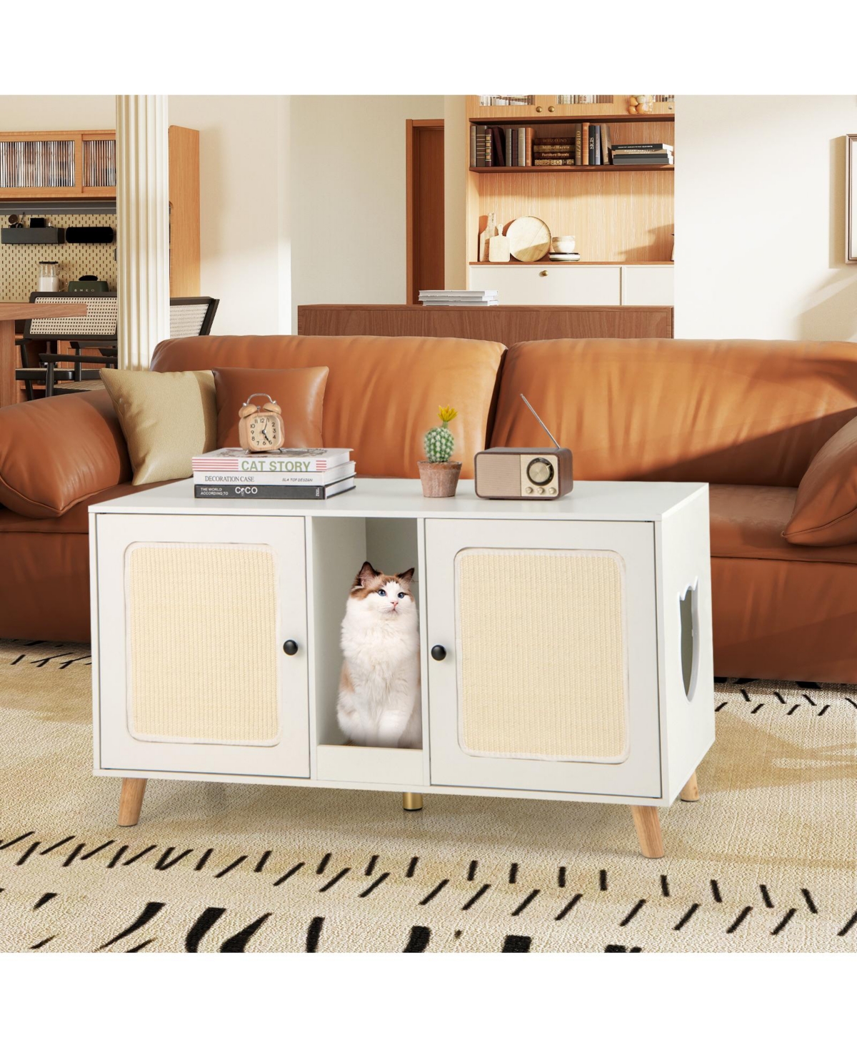 Gymax 43'' Cat Litter Box Enclosure for 2 Cats w/ Double Rooms Sisal Scratching Mats