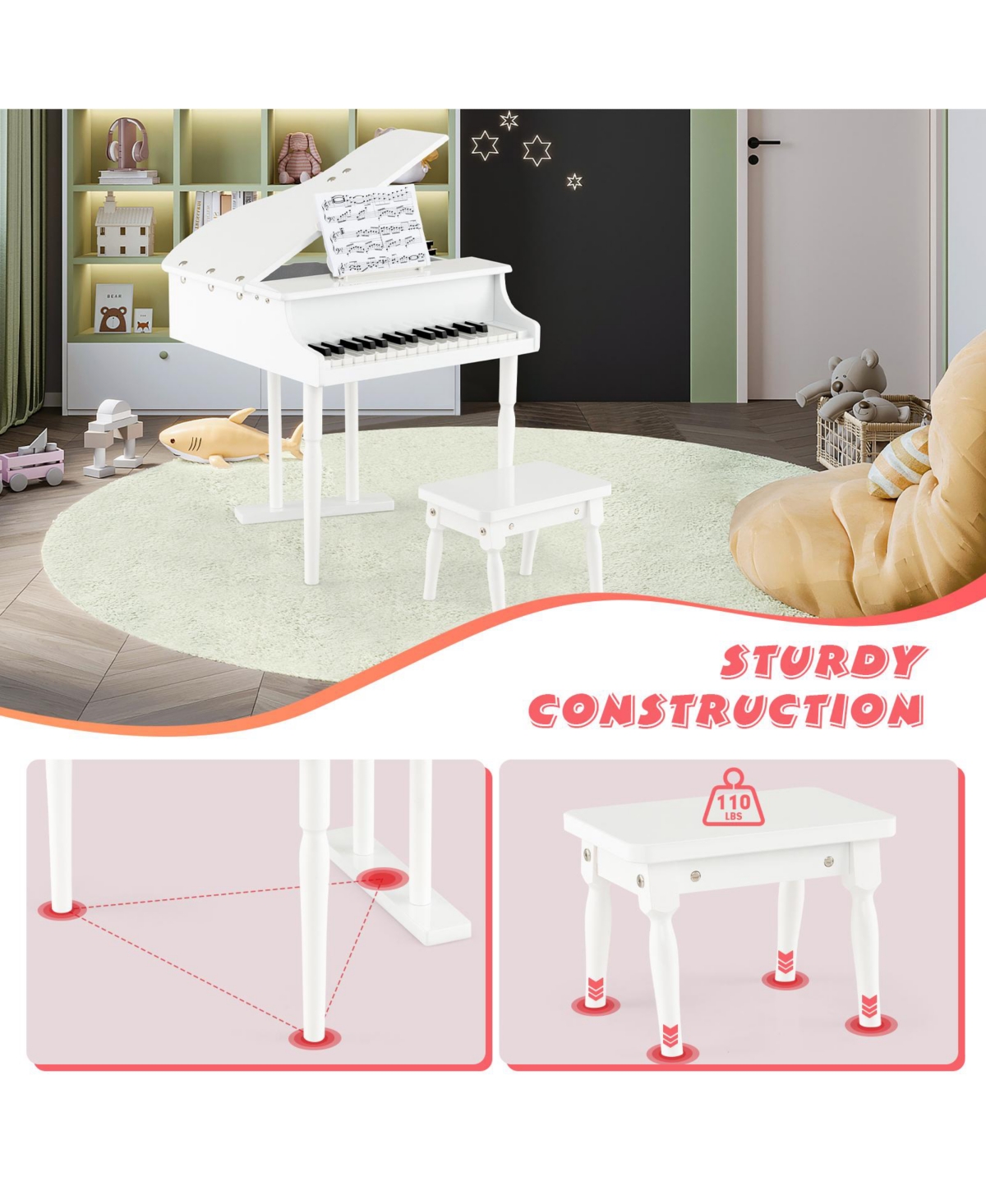 Sugift 30-Key Kids Piano Keyboard Toy With Bench Piano Lid And Music Rack.