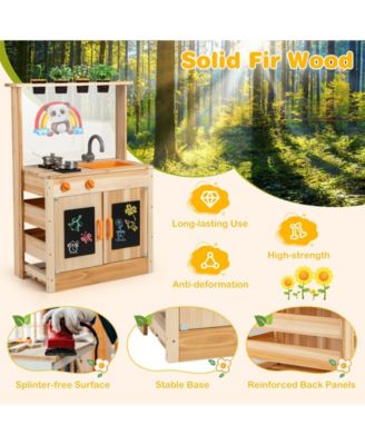 Kids Mud Kitchen Fir Wood Playset With Planting Pots And Blackboards-Natural.