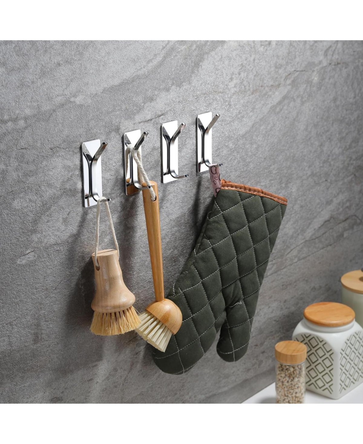 Adhesive Hooks -4 Packs Wall Hooks for Hanging Towels, Clothes, Robes Stick On Towel Hooks No Drill for Bathrooms Kitchen Stainless Steel