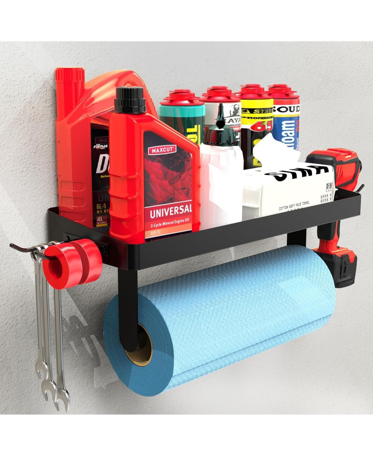 Garage Paper Towel Holder with Shelf - Wall Mount Paper Towel Holder with 4 Hooks, Single-Hand Tear Paper Towel Rack Heavy Duty Tissue Holder