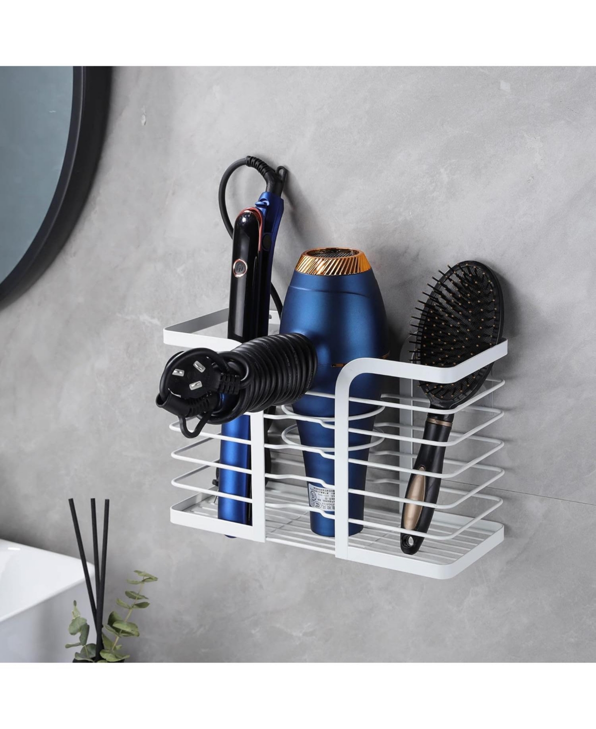 Hair Dryer Holder Adjustable Height - Hair Tool Organizer White Bathroom Organizer Hot Styling Tools Storage for Hair Dryer, Flat Iron, Curling Iron