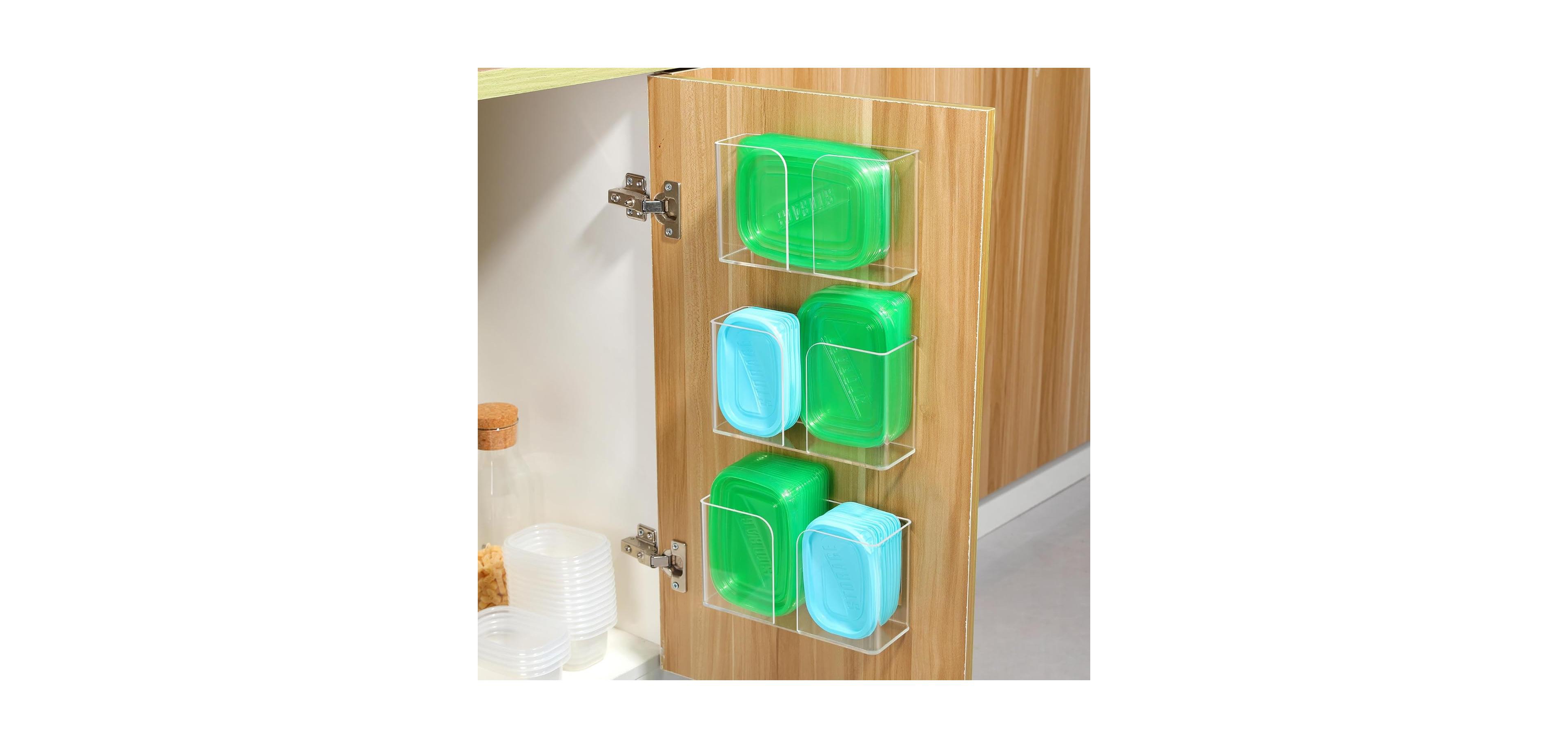 Yigii 3 Pack Acrylic Cabinet Door Organizer, Kitchen Storage for Tupperware Lid, Wall Mounted Clear Bins for Pantry