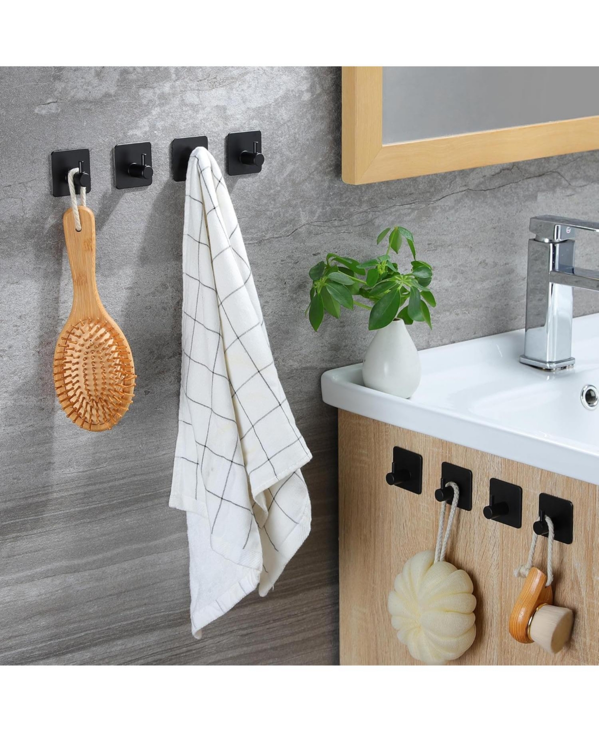 8 Packs Adhesive Hooks for Hanging, Towel Hooks Adhesive Wall Hooks for Bathrooms Kitchen Black No Damage
