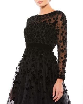 Women's Embellished Illusion High Neck Long Sleeve Fit & Flare Dress