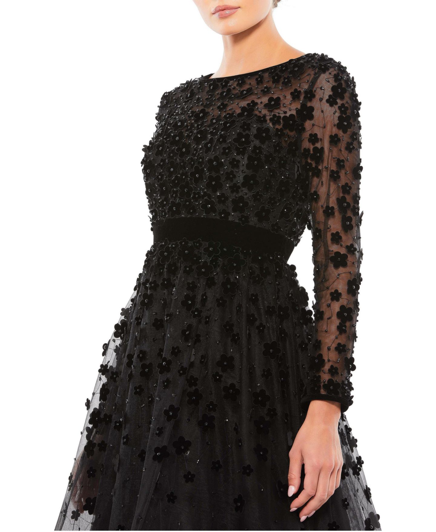 Женское платье Mac Duggal Embellished Illusion High Neck Long Sleeve Fit and Flare, цвет: Чёрный — фото 3