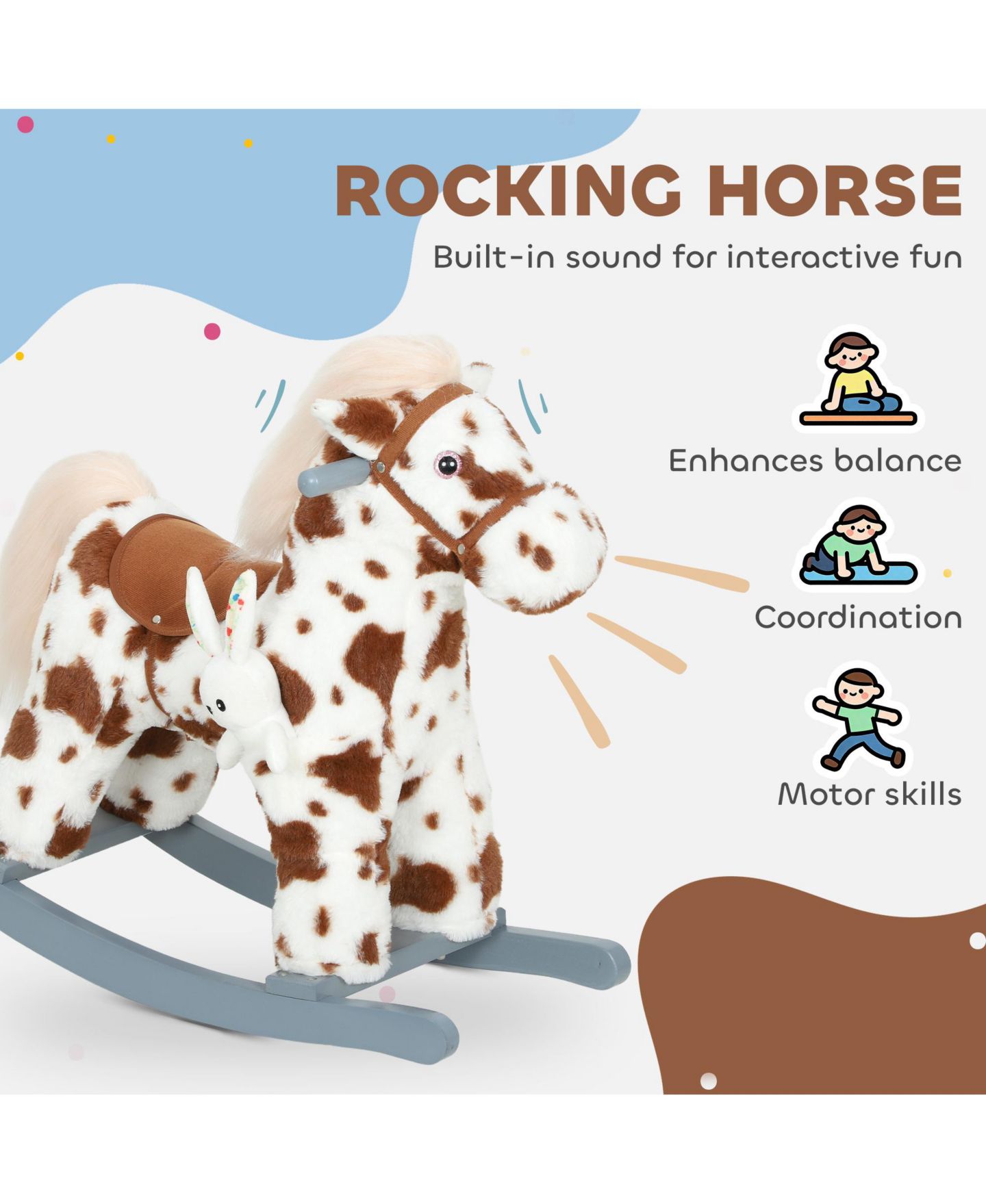 Детская игрушка Qaba Rocking Horse with Interactive Sounds & Rabbit Toy, 28" L, 88 lbs. Capacity, от 1 года, цвет: Коричневый — фото 4