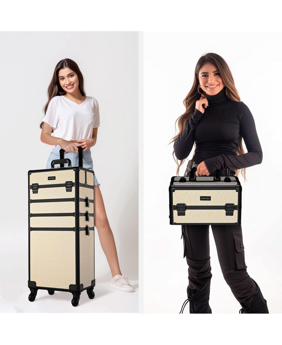 Byootique Rolling Makeup Train Case on Wheels 4in1 Cosmetology Art Deco Pastel