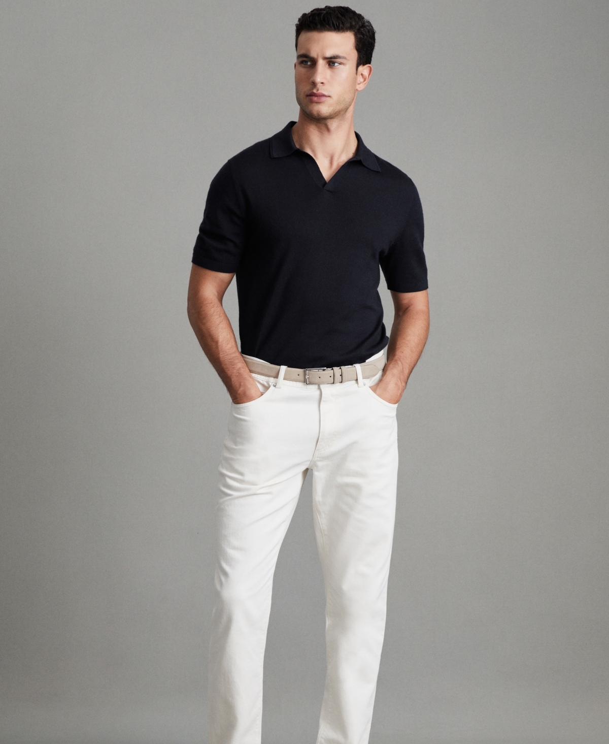 Reiss Men's Merino Wool Open Collar Polo Shirt