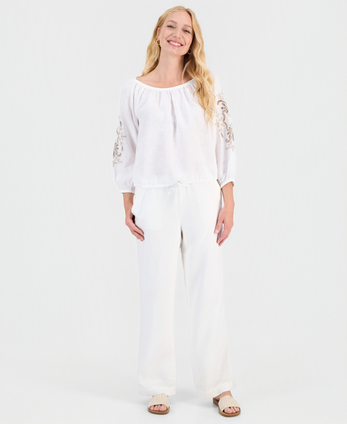 Charter Club Petite Tile Print 3/4-Sleeve Gathered-Hem Top, Macy's Exclusive