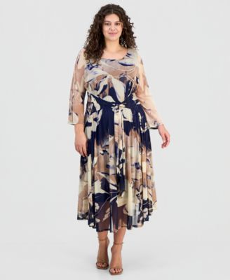 Plus Size Printed Round-Neck Midi Mesh Dress