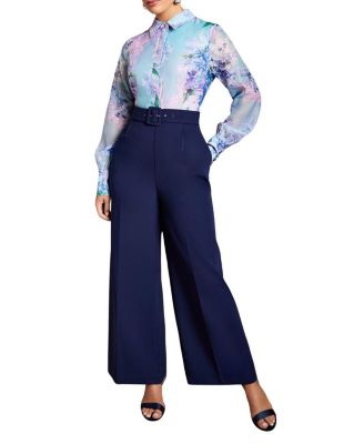 Women's Collared Wide Leg Belted Jumpsuit