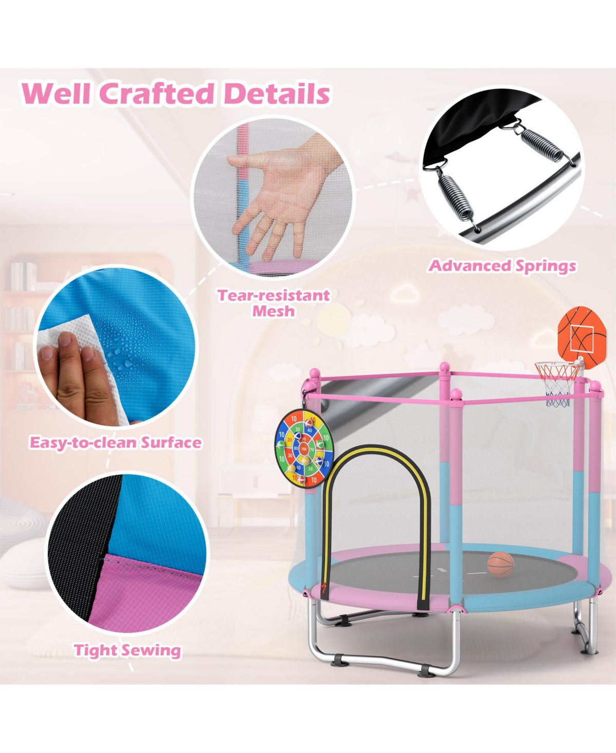 60 inch Kids Trampoline Toddler Recreational Trampoline with Basketball Hoop