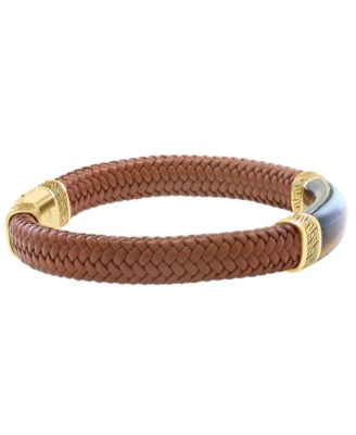 Men's Tigers Eye (27-3/8 ct. t.w.) Bracelet in Brown Leather with 18k Gold